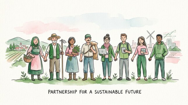 Diverse group of people standing together for sustainability in a watercolor landscape background