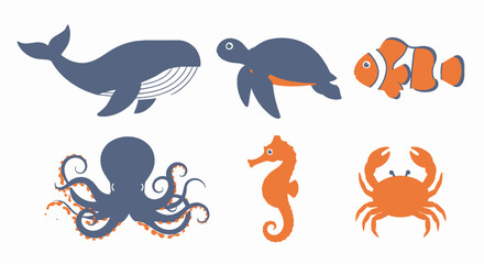 Fototapeta premium Cartoon illustrations of various marine animals against a white background