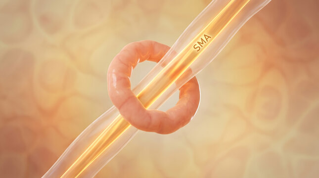 3D illustration of duodenum intestine looped around superior mesenteric artery SMA vessel anatomy