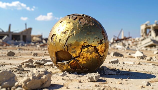 A tarnished brass shrapnel fragment in the form of a spherical object resting on a desolate and debris filled landscape under bright sunlight.