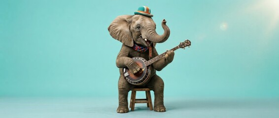 Naklejka premium Elephant wearing a hat playing a banjo musical instrument with elephant wildlife musician