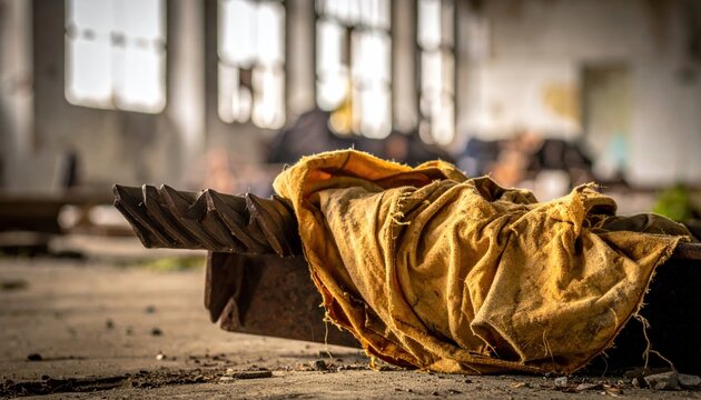 A frayed and discolored parachute fabric draped over a piece of twisted metal in an abandoned industrial factory setting.