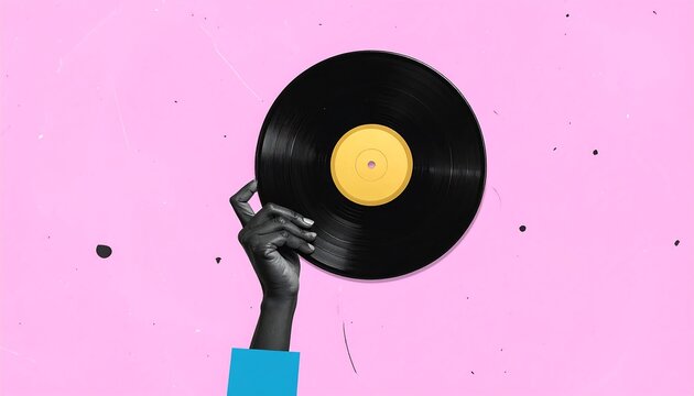 Minimalist collage with black arm holding vinyl record against vibrant pink background in contemporary style. AI Generated