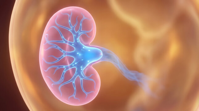 3D illustration of human kidney with pink cortex blue renal pelvis and ureter on golden background