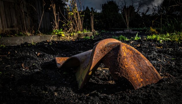 A heavily oxidized and heat distorted metal component partially buried in dark soil, showcasing the relentless effects of time and harsh environmental exposure on industrial materials.