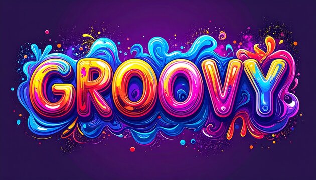 Groovy text design with colorful liquid bubble lettering and vibrant abstract paint splash art style elements. AI Generated