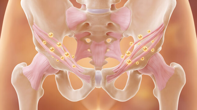 Pelvis hip bone ligament anatomy 3D medical illustration pregnancy relaxation joint golden particle