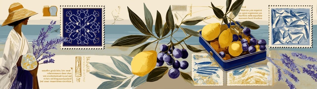 Mediterranean summer collage with lemons and lavender. Artistic travel postcard illustration with coastal elements