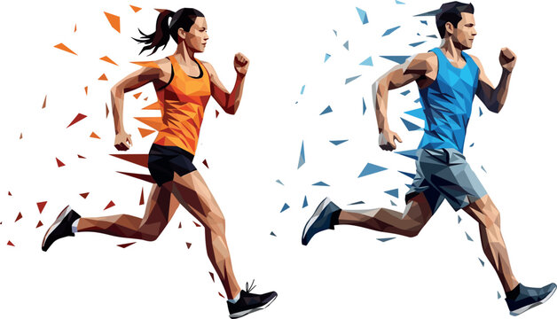 Dynamic Male and Female Runners in Colorful Low Poly Style with Shatter Effect for Sports, Fitness, and Athletic Design Projects