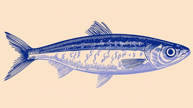 Vintage style illustration of a sardine fish. Blue ink drawing on a light beige background. Nautical design element