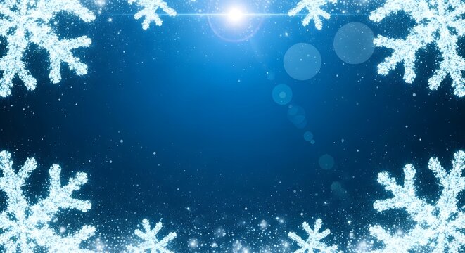 Blue Snowflake Winter Holiday Background with Christmas Frost Border
