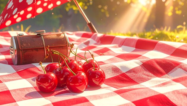 Red cherries and vintage suitcase on checkered picnic blanket with sunny outdoor background. AI Generated