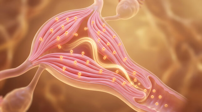 3D cross section muscle fiber with glowing mitochondria energy production biology anatomy research