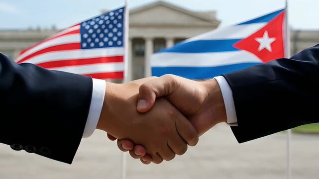 diplomatic meeting and handshake against the background of flags of the usa and cuba. conceptual video about normalization of relations, political dialogue and seeking international agreements.