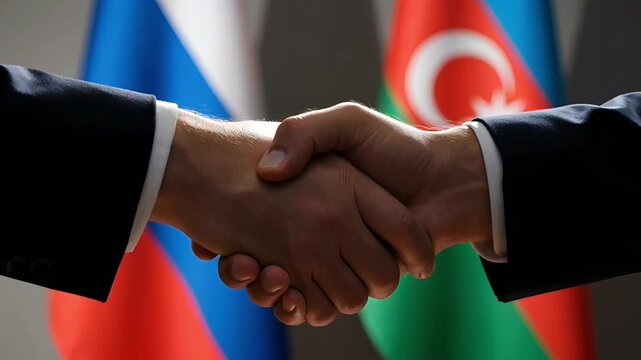 close up of firm handshake against background of flags of russia and azerbaijan concept of international cooperation diplomatic relations and strengthening partnership in region