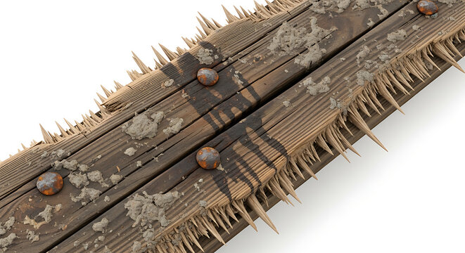 Weathered Wooden Planks with Rusty Nails Isolated on White Background