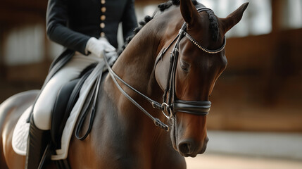 Obraz premium Equestrian rider prepares for practice in training arena with focused horse in background near windows