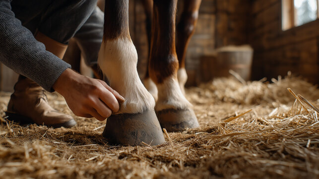 Man cares for horse's hoof in stable during daytime while working on farm tasks