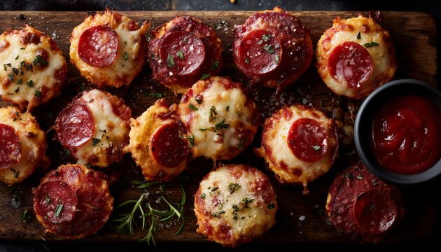 Close-up of delicious mini pepperoni pizza bites served with fresh herbs and dipping sauce, perfect for party appetizers.