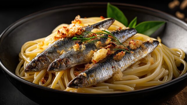 Spaghetti pasta with sardines in a black bowl. Traditional mediterranean seafood dish with garlic and herbs