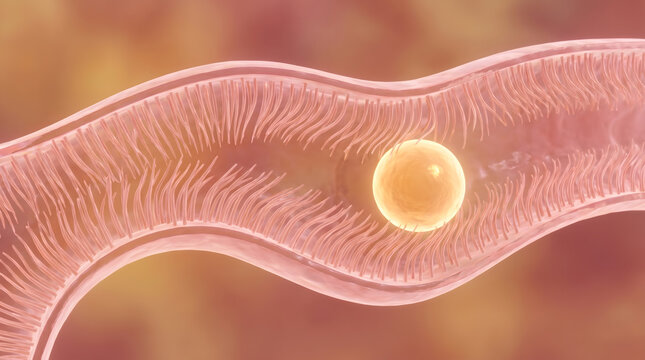 Egg cell ovum traveling through fallopian tube with pink cilia lining reproductive anatomy