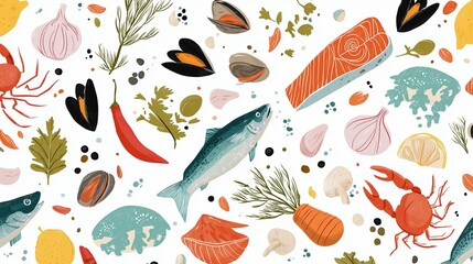 Naklejka premium Seamless pattern of fresh seafood and aromatic herbs. Hand drawn illustration of fish, crab, mussels, and spices for culinary design