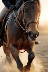 Obraz premium Rider on horse moving through dirt at sunset during equestrian activity