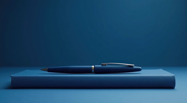 Pen sitting on top of a book on a blue surface copy space