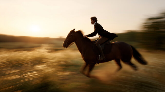 Horse rider moves fast across a field during sunset with a vibrant sky in the background