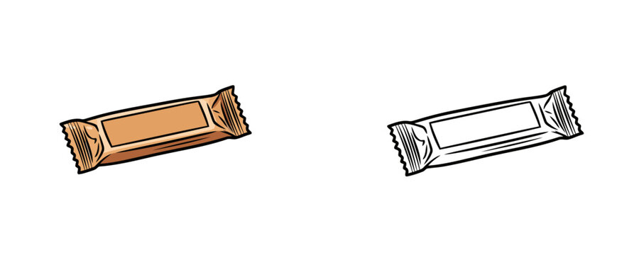 Energy bar cartoons in colored and outline styles showing a nutrition protein snack in foil wrapper for sport and hiking activities on white background