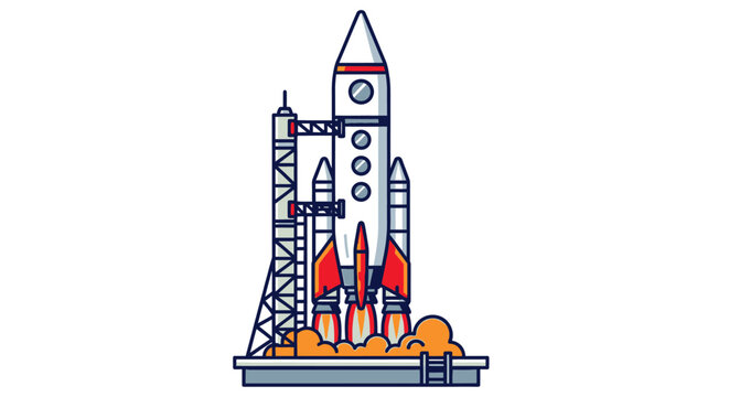 Cartoon rocket launching into space with fire and smoke isolated