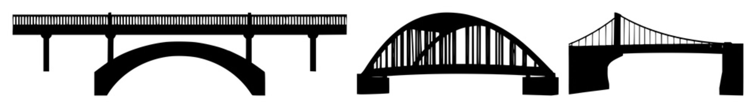 Bridge set with black silhouette on stark white background featuring elegant arch, structural engineering, iconic landmark with cityscape and transportation