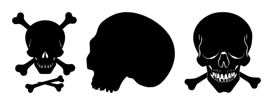 Skull and crossbones set with black silhouette, white background featuring ominous, nautical, danger with pirate and maritime