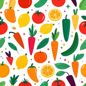 Seamless pattern of fresh colorful fruits and vegetables including carrots tomatoes and citrus fruits on white. AI Generated