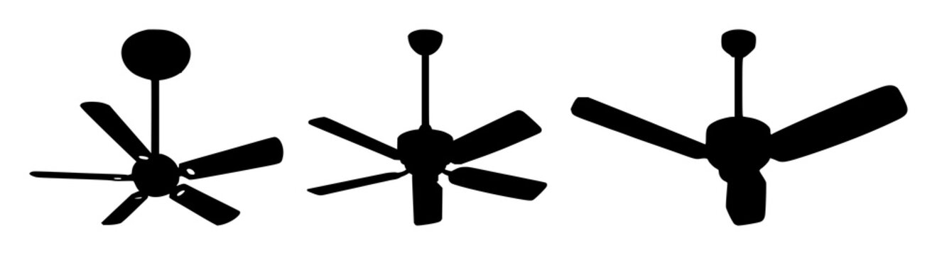 Ceiling fan set with black silhouette against white backdrop featuring fan, silhouette, white background with home decor and lighting