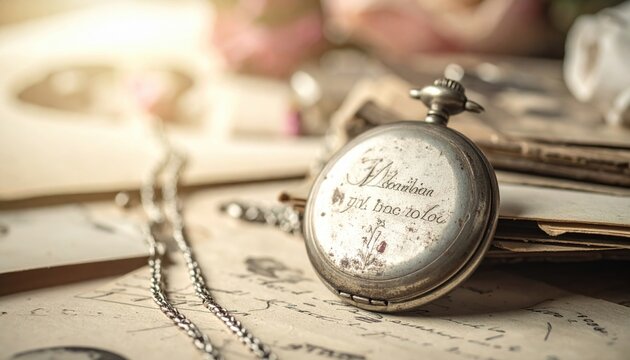 A tarnished vintage silver locket lying on old paper documents, capturing a sense of forgotten history and sentimental mystery from the past.