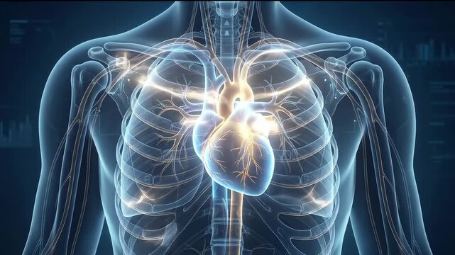 Transparent human chest anatomy with glowing heart and detailed internal structure visualization. Concept of medicine, healthcare, biology, science, cardiology.