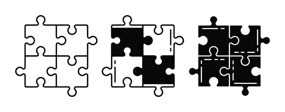 Minimalist jigsaw puzzle icon set, black and white interlocking puzzle pieces, four part square puzzle grid vector for business strategy and teamwork