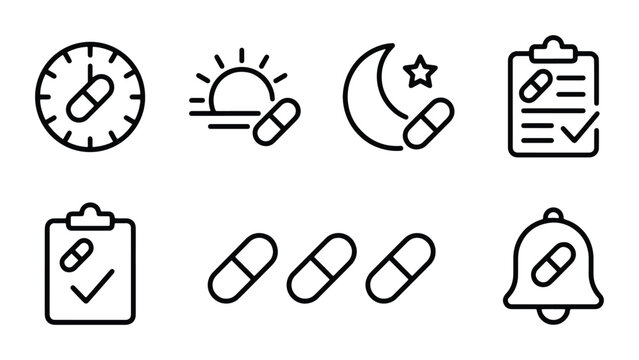 Medical pill reminder line icons, medication schedule vector set, pharmacy prescription symbols for morning and night dosage tracking