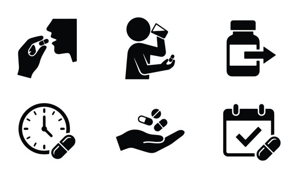 Medical pill intake icons set, black silhouette medicine dosage symbols, healthcare medication schedule vector graphics, 6 pharmaceutical icons