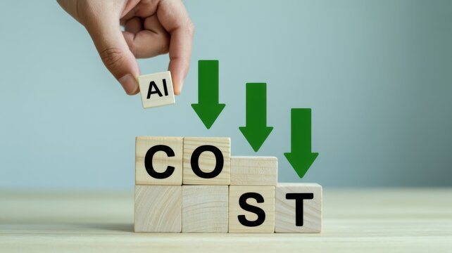 Hand Adjusting Wooden Blocks With Ai And Cost Concept On Light Background