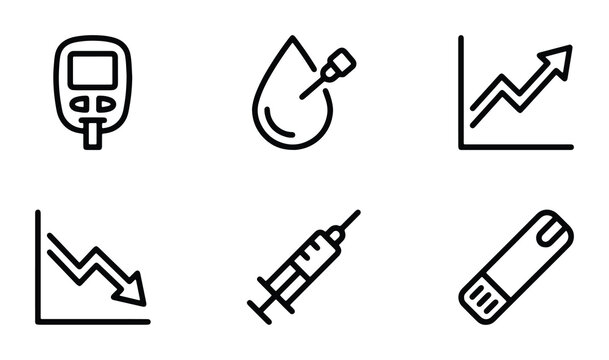 Diabetes medical icon set, 6 black line vector symbols for blood sugar monitoring, glucose testing equipment and insulin injection graphics