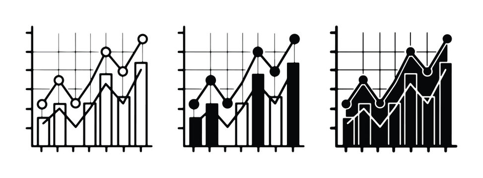 Minimalist financial data charts set, black and white business analytics icons, linear growth graphs for corporate reports and dashboard design
