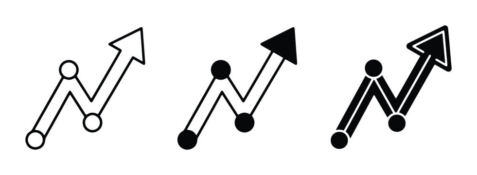Minimalist growth arrow icons set, black and white financial progress chart symbols, rising market trend vector graphics for business presentations