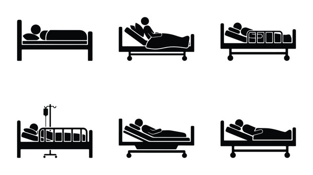 Hospital bed icons set, medical patient pictogram collection, healthcare clinic furniture symbols, 6 black vector silhouettes for infirmary signage