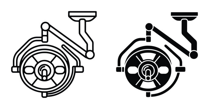 Surgical operating lamp vector icons, medical ceiling light equipment for surgery, professional hospital theater lighting set in line and silhouette style