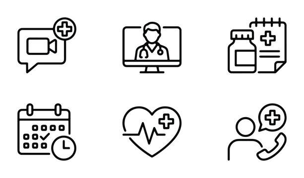 Telemedicine line icon set, 6 medical healthcare vector symbols, online doctor consultation and digital pharmacy icons for mobile apps and web design