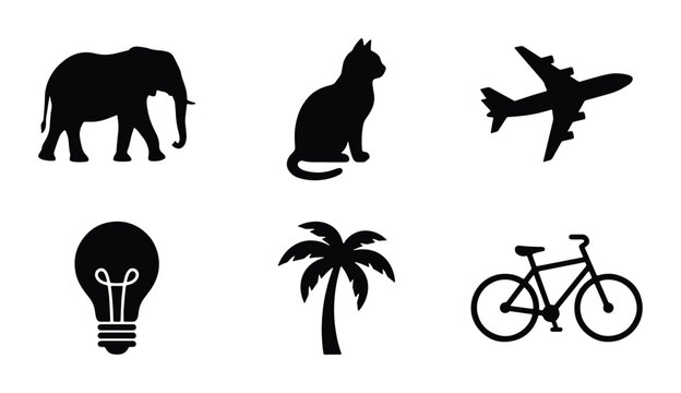Minimalist black silhouette icon set, 6 flat vector symbols of elephant cat airplane lightbulb palm tree and bicycle, clean graphic design elements