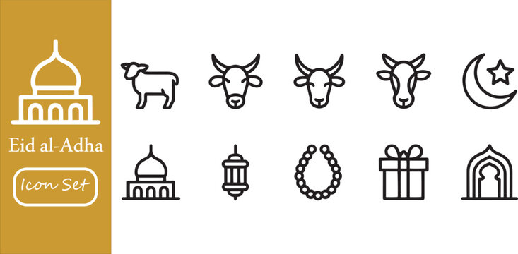 Eid al-Adha Icon Set: Minimalist Line Art Icons for Islamic Sacrifice Festival featuring Qurbani Animals, Mosque, Lantern, Crescent Moon, and Muslim Religious Symbols.