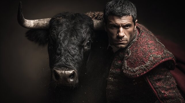 A man in a red matador outfit stands next to a large black bull's head. The scene is dark with dramatic lighting on their faces. Spain national Corrida concept.